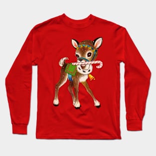 Retro Vintage Reindeer with Candy Cane. Long Sleeve T-Shirt